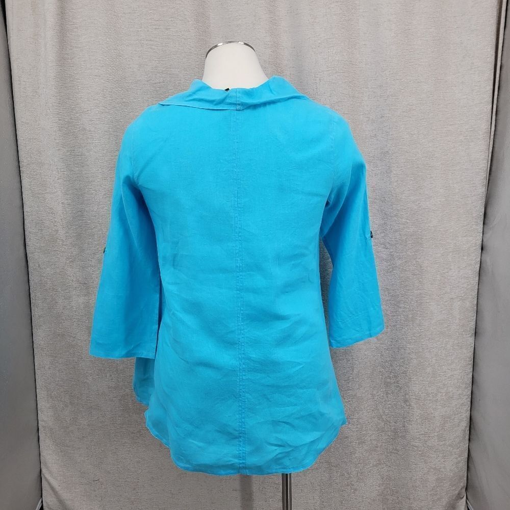 Ali Miles Linen Blue Cowl Neck Tunic Women's Top Roll Tab Sleeves - Picture 4 of 12